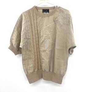 Vintage Suzelle Beige Cotton Mixed Media Knit Short Sleeve Top Women's Medium